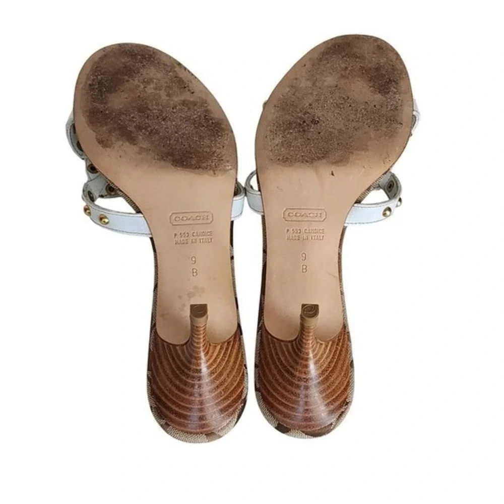 Coach Candice Khaki White Monogram Studded Kitten Heel Sandals P553 Size 9